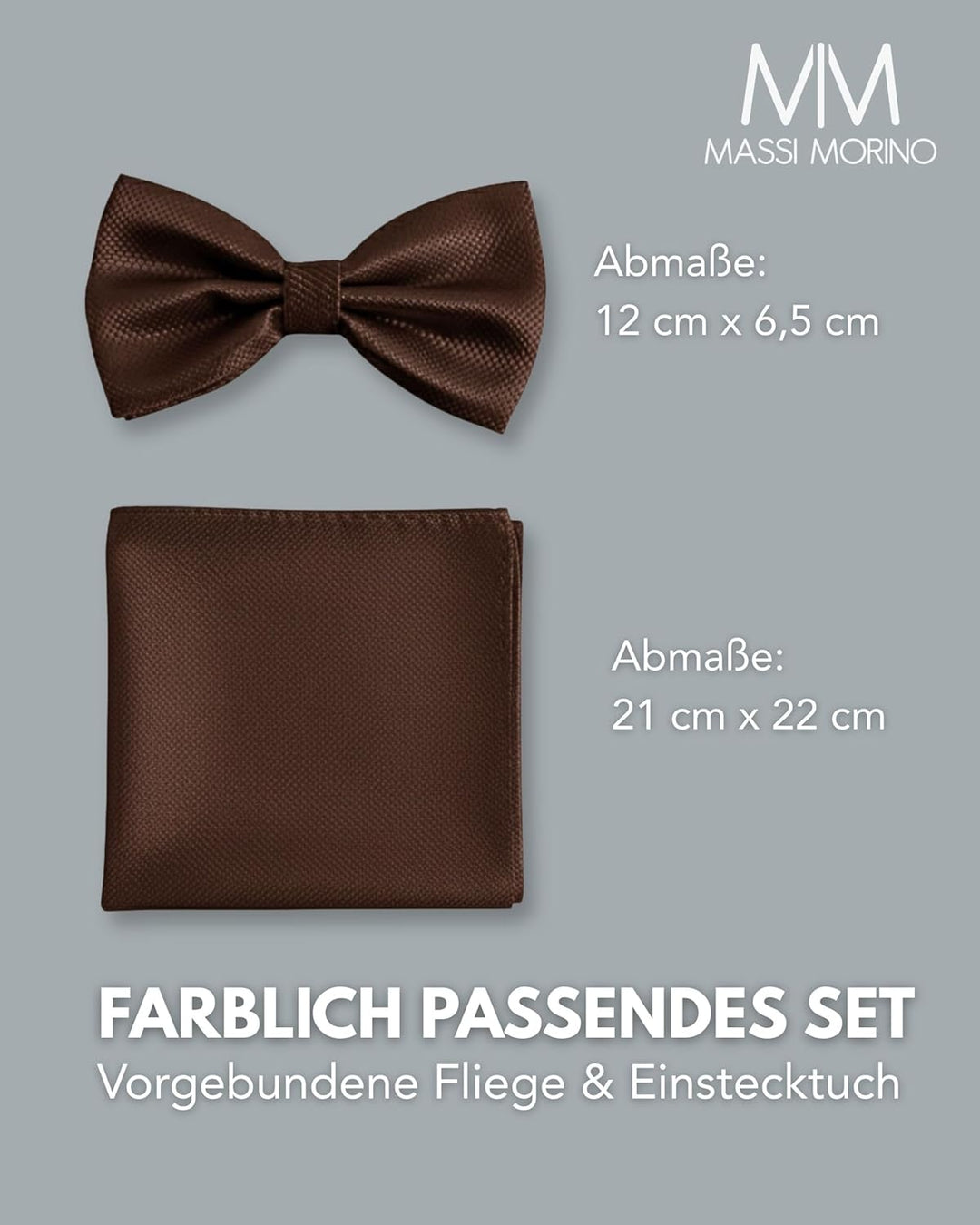 Massi Morino Fliege mit Einstecktuch für Herren Set - Anzug Herrenfliege zur Hochzeit - Verstellbare
