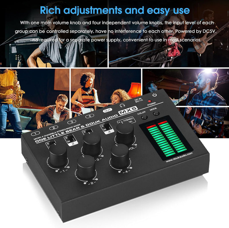Douk Audio MX5 Mono/Stereo 4-Kanal Audio Mixer Ultra-rauscharmer Line Mixer LED Pegelmesser