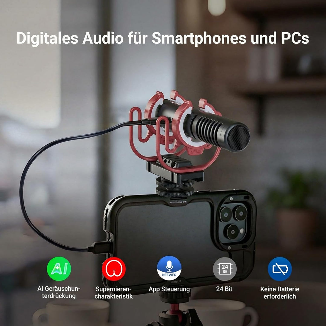 NEEWER Mini Mikrofon, AI Geräuschunterdrückung Microphone Handy, App Steuerung und EQ, 48kHz/24Bit,