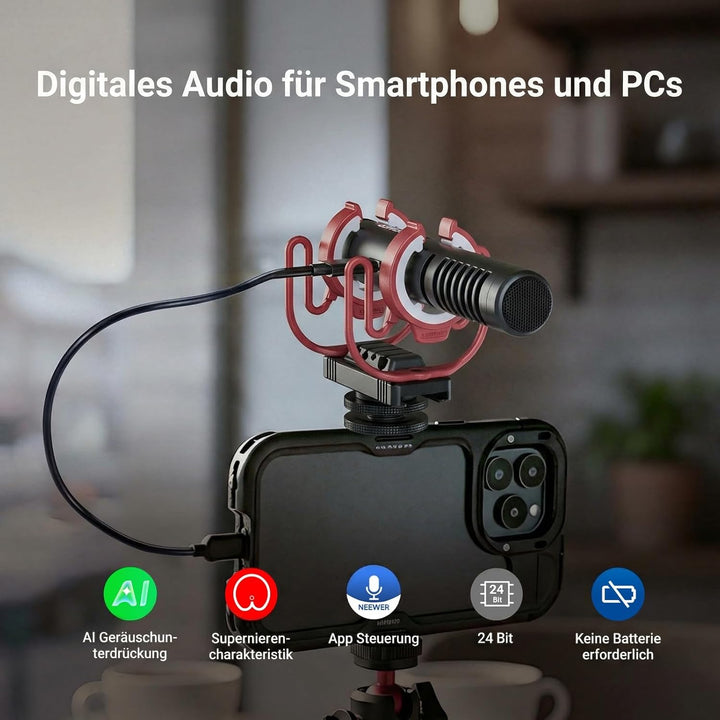 NEEWER Mini Mikrofon, AI Geräuschunterdrückung Microphone Handy, App Steuerung und EQ, 48kHz/24Bit,