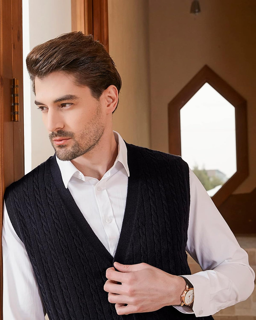 Kallspin Herren Strickweste Ärmellos Cardigan Wollmischung mit Zopfmuster und Knöpfen S Schwarz, S S