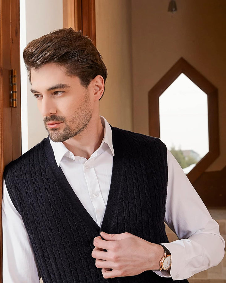 Kallspin Herren Strickweste Ärmellos Cardigan Wollmischung mit Zopfmuster und Knöpfen S Schwarz, S S