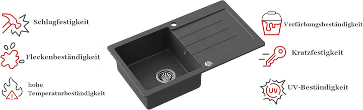 VBChome Spülbecken 77 x 44 cm Schwarz + Armatur Granit Einzelbecken Einbauspüle gesprenkelt reversib