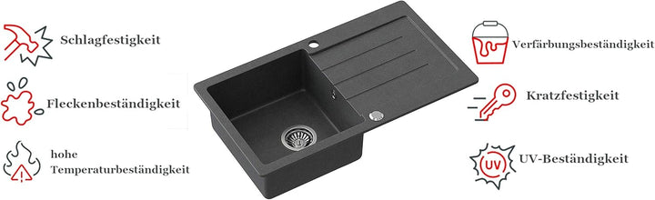 VBChome Granitspüle mit Armatur 77x44 Küchenspüle Einbauspüle mit Abtropffläche Einzelbecken Küche V
