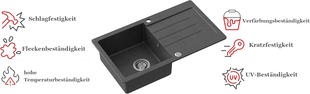 VBChome Spülbecken 77 x 44 cm Schwarz + Armatur Granit Einzelbecken Einbauspüle gesprenkelt reversib
