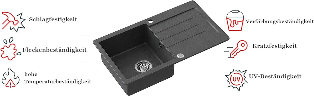 VBChome Spülbecken + Armatur 77 x 44 cm Schwarz Granit Einzelbecken Einbauspüle gesprenkelt reversib