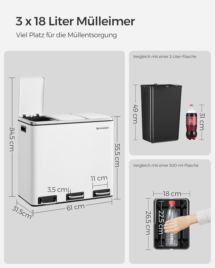 SONGMICS Mülleimer Küche, 3 x 18 L, Mülltrennsystem 3 Fächer, inklusive 15 Müllbeutel, Abfalleimer,
