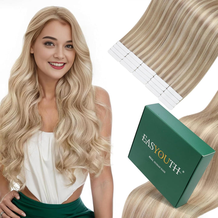 Easyouth Echthaar Extensions Tape in Remy Haarverlangerung Tape Extensions Aschblond Mix Hellblond T