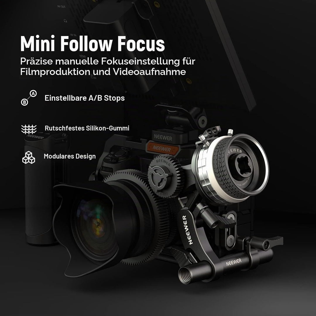 NEEWER Mini Follow Focus mit A/B Anschlägen, Objektiv Zahnkranz,15mm Stab &amp; Stabklemme für Filmkamer