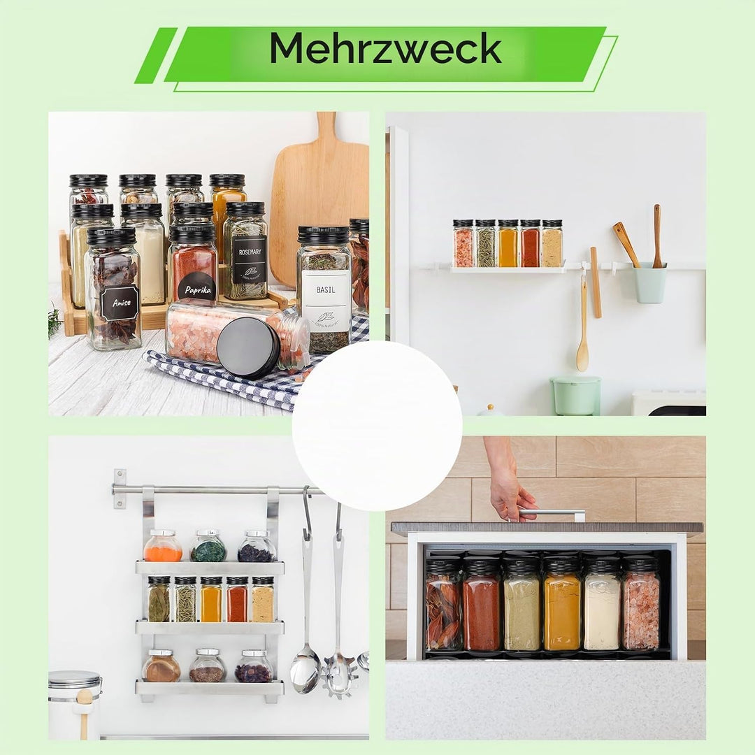 24 Premium Glass Spice Jars (4oz/120ml) with Black Metal Lids - Complete Set with Spice Labels, Shak