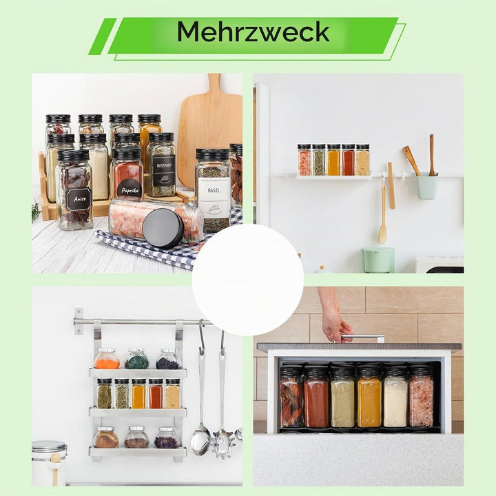 24 Premium Glass Spice Jars (4oz/120ml) with Black Metal Lids - Complete Set with Spice Labels, Shak