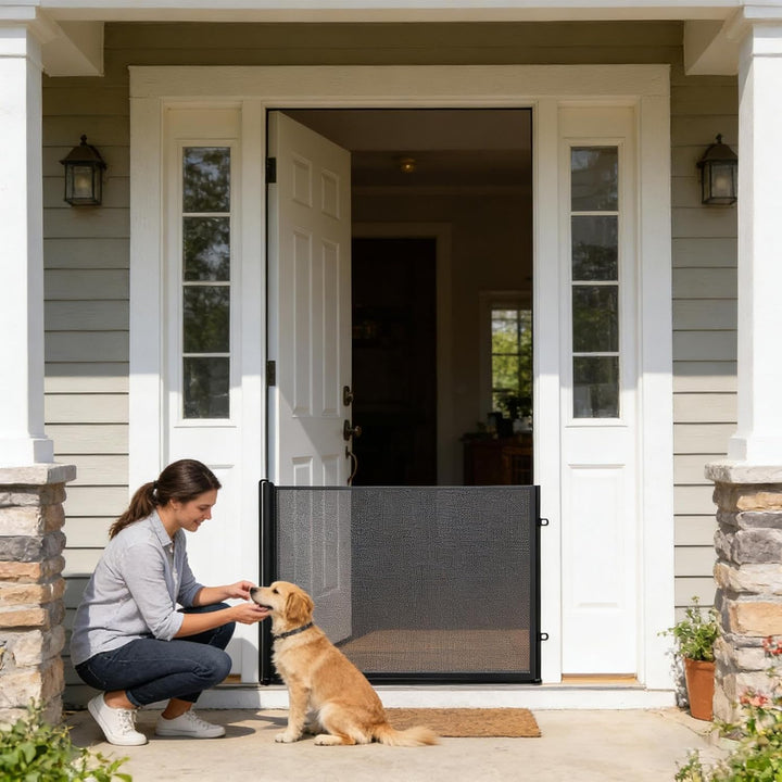 Hundegitter – ohne Bohren einziehbarer , -Barriere mit Netz-Panel, Rolldesign und verstellbarem Mont
