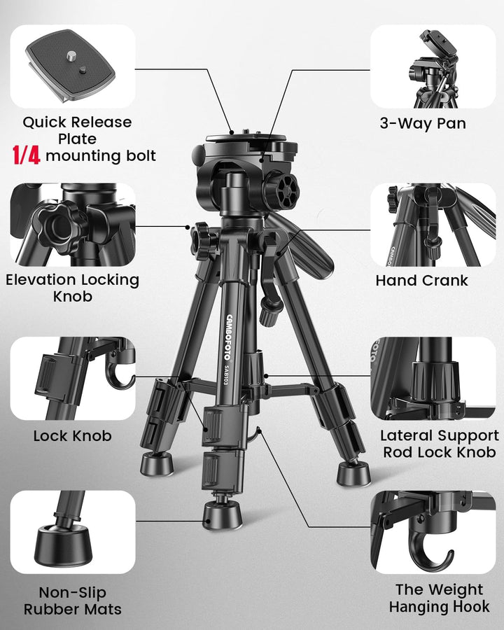 CAMBOFOTO 12.5'' Reisestativ 62cm Leichtes Stativ mit 3-Wege-Kopf und Tragetasche Schwarz, Schwarz