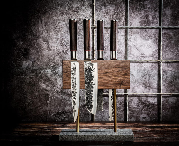 Style de Vie Messerblock Magnetisch, Ohne messer, 2-seiten, Walnussholz, Sockel aus Naturstein