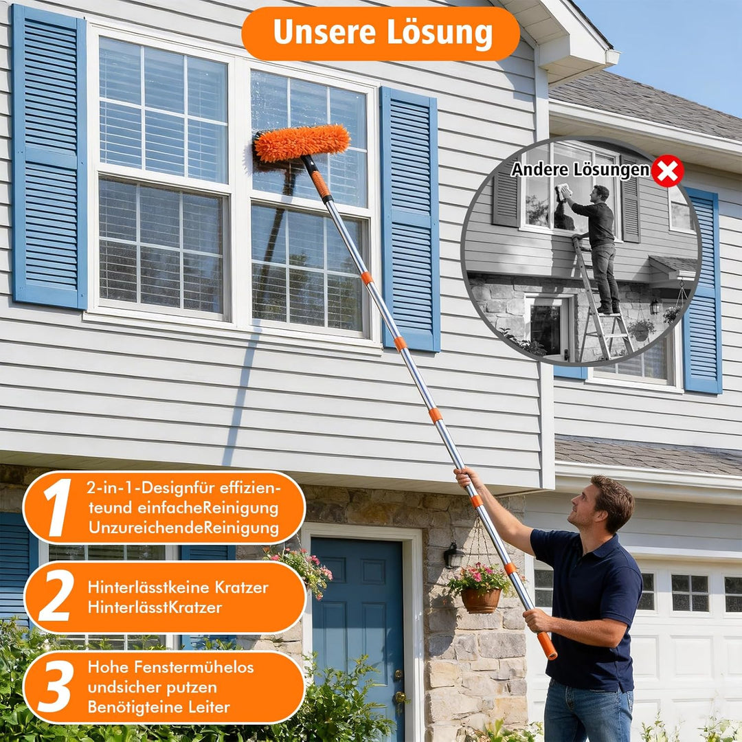 Fensterabzieher Profi Set,2-in-1 Fensterreiniger & Glasabzieher mit 4.5m Teleskopstange + 400ml Glas