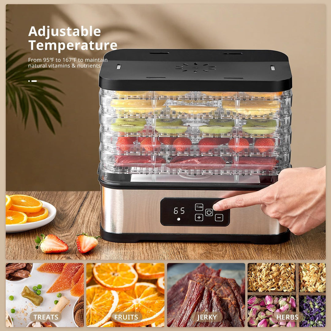 Dörrautomat mit Digitalem Timer & Temperaturregelung, 250W Elektrischer Lebensmitteltrockner mit 5 T