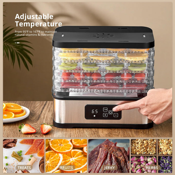 Dörrautomat mit Digitalem Timer & Temperaturregelung, 250W Elektrischer Lebensmitteltrockner mit 5 T