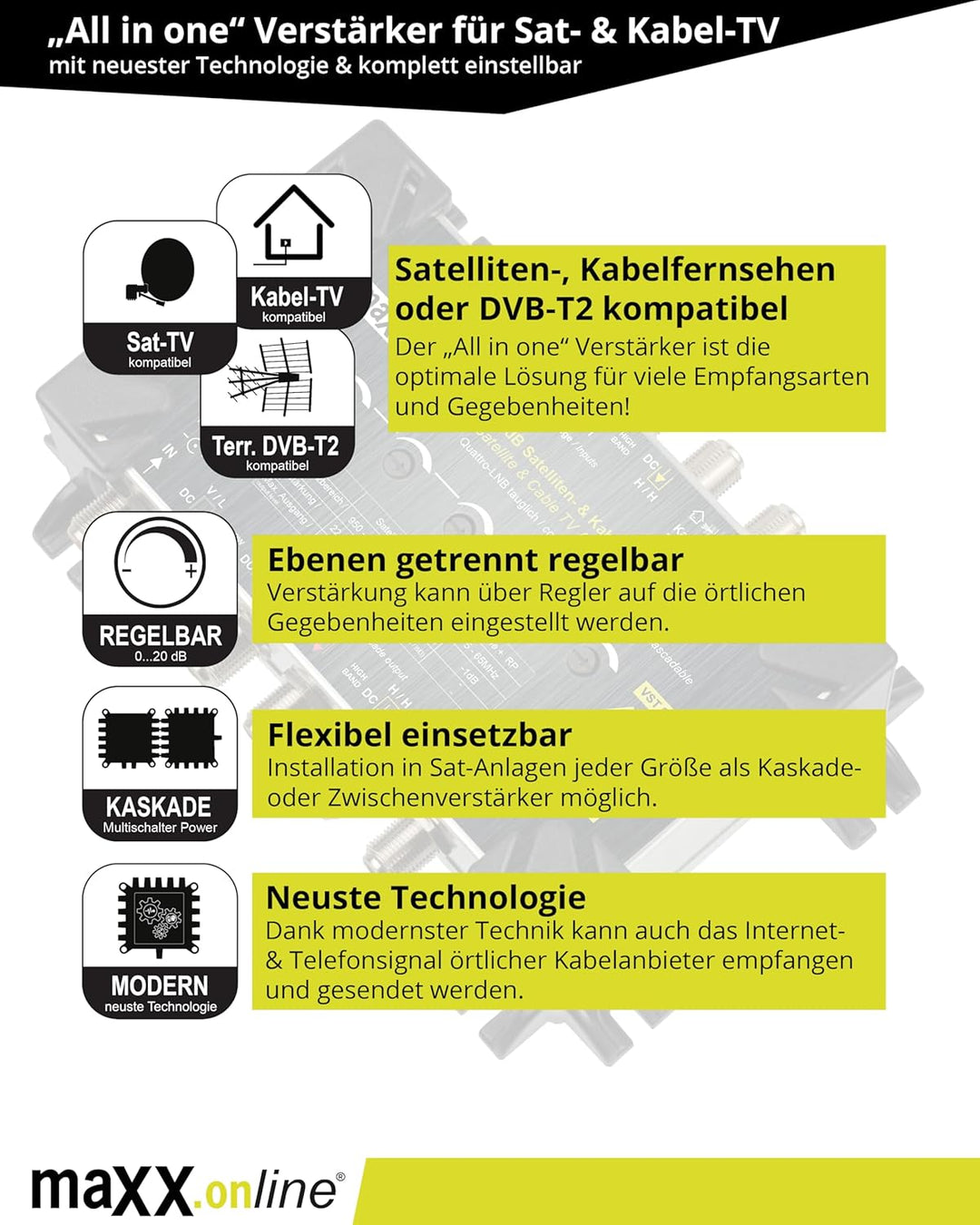 Sat Verstärker & Antennenverstärker Kabelfernsehen DVB-C / T2 28 dB Verstärkung kaskadierbar, Sat Si