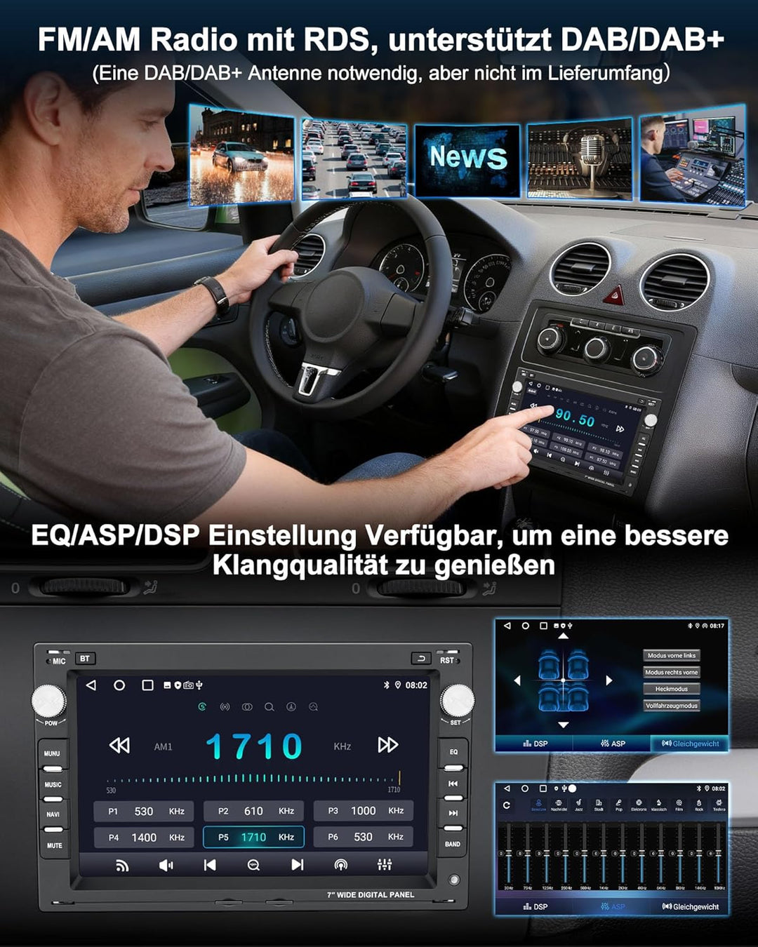 Autoradio mit Bildschirm 2+64G Bluetooth Radio für VW Golf 4 Polo 9N T5 Passat B5 Seat Skoda, 2DIN 7