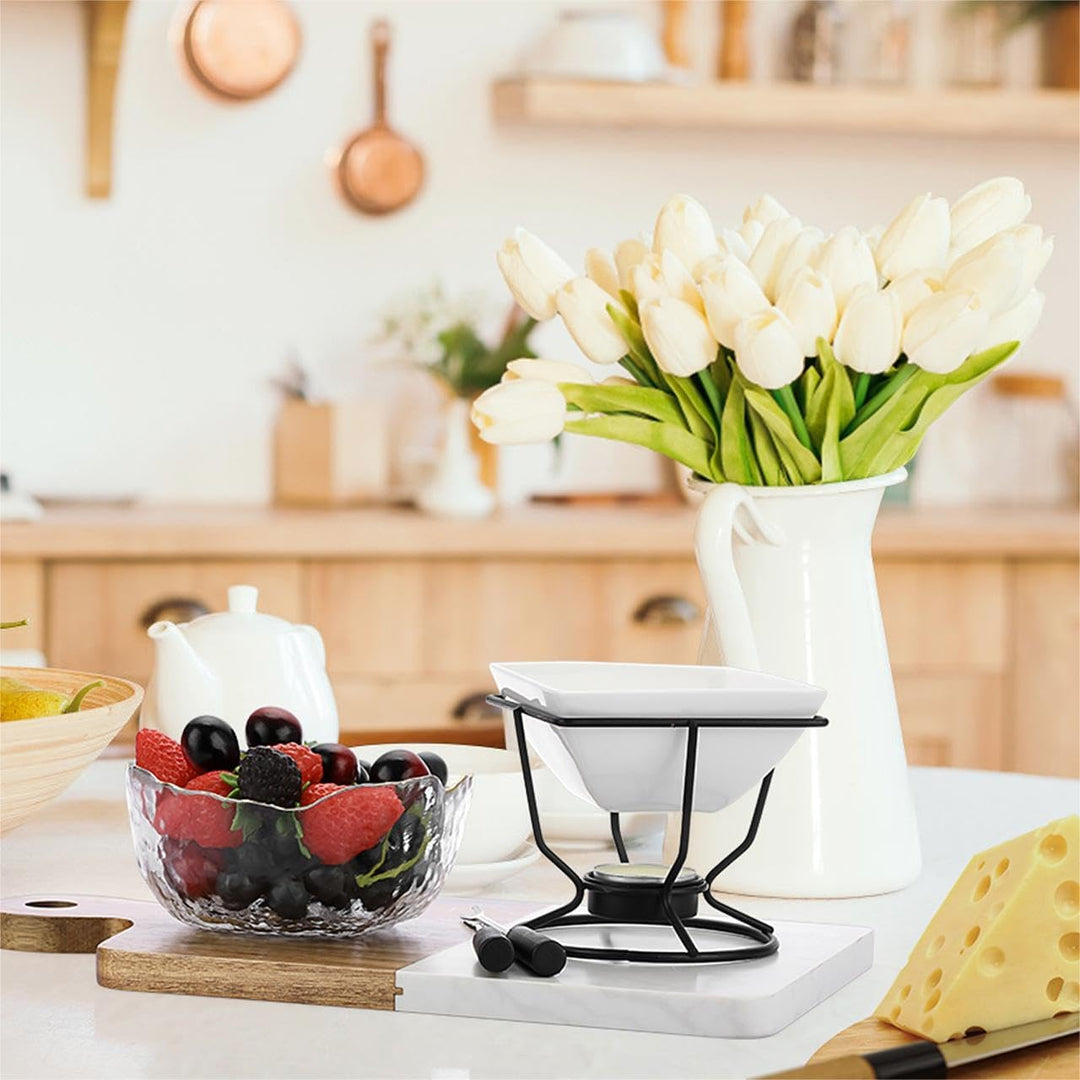 TOLIDA Schokofondue-Set Weisser Quadratischer Schokoladenschmelztopf mit Schwarze Eisen Stehen Käsef