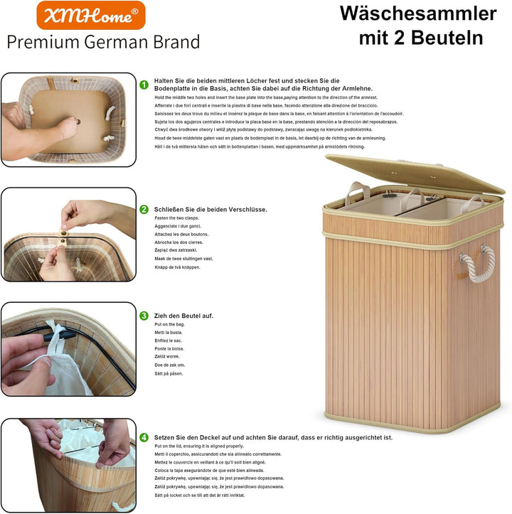 Wäschekorb 2 Fächer 100L Bambus Wäschesammler faltbar mit Deckel &amp; Griffen, herausnehmbare &amp; waschba