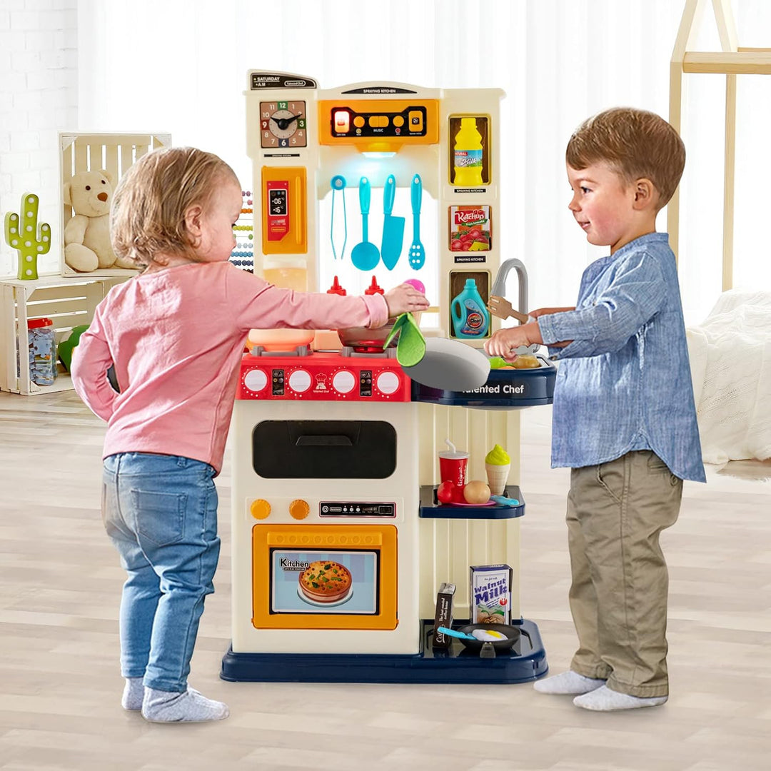 HOMASIS Spielküche mit 38 Zubehör, Kinderküche mit Licht Musik & Sound, Spielzeugküche mit Wasserpum
