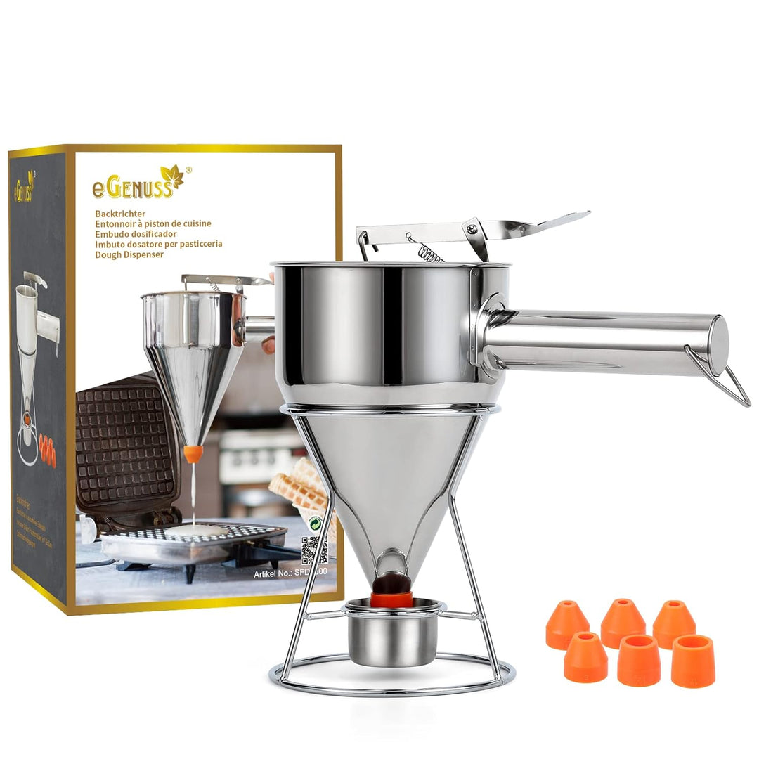 eGenuss 2er-Set Edelstahl Backtrichter Pfannkuchen Teigspender + Düsen + fester Ständer mit Teigsamm