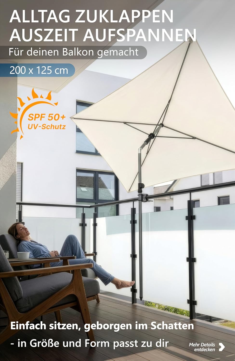 4smile Sonnenschirm Balkon SunnyShade Plus, mit Sonnenschirm Schutzhülle - Sonnnenschutz Balkon SET,