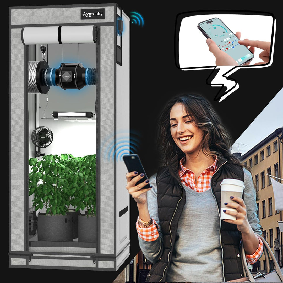 Aygrochy Abluftset 150mm, Rohrventilator mit Temperatur- und Feuchtigkeitsregler, WiFi App Steuerung
