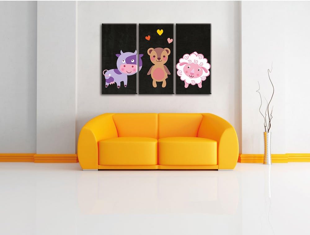 Pixxprint Kuh Teddy und Schaf als Leinwandbild/Grösse: 3 Teilig (120x80) cm/Wandbild/Kunstdruck/fert