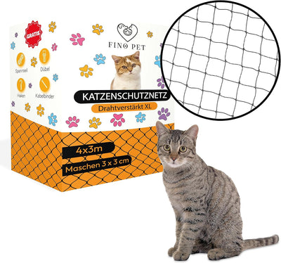 FinoPet Katzennetz für Balkon drahtverstärkt 4x3 Meter inklusive Befestigungsmaterial, Katzenschutzn