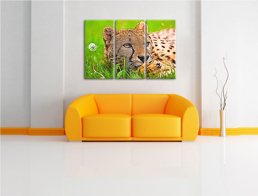 Gepard im Gras Spezial 3-Teiler Leinwandbild 120x80 Bild auf Leinwand, XXL riesige Bilder fertig ger