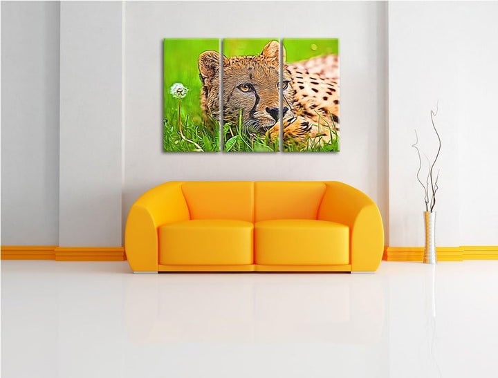 Gepard im Gras Spezial 3-Teiler Leinwandbild 120x80 Bild auf Leinwand, XXL riesige Bilder fertig ger