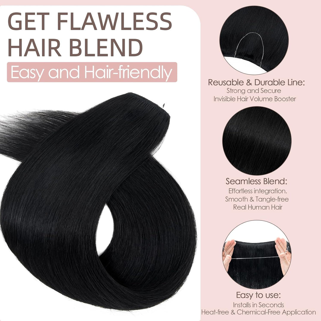Extensions Echthaar mit transparenter Schnur, Silk-co Wire in ExtensionsTief Schwarz 65g, Secrets Ha