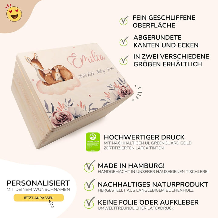 KIDSMOOD - Erinnerungsbox Baby, personalisierte Holzkiste mit Deckel, Ideal zur Aufbewahrung von Eri
