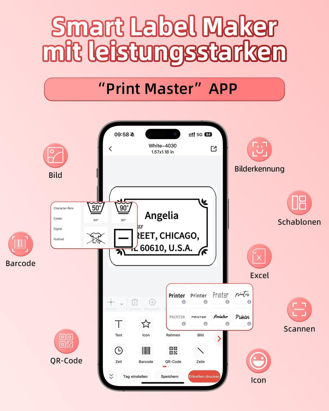 Phomemo M220 Etikettendrucker,Upgrade Barcode-Drucker,Bluetooth Tragbarer Thermo Beschriftungsgerät