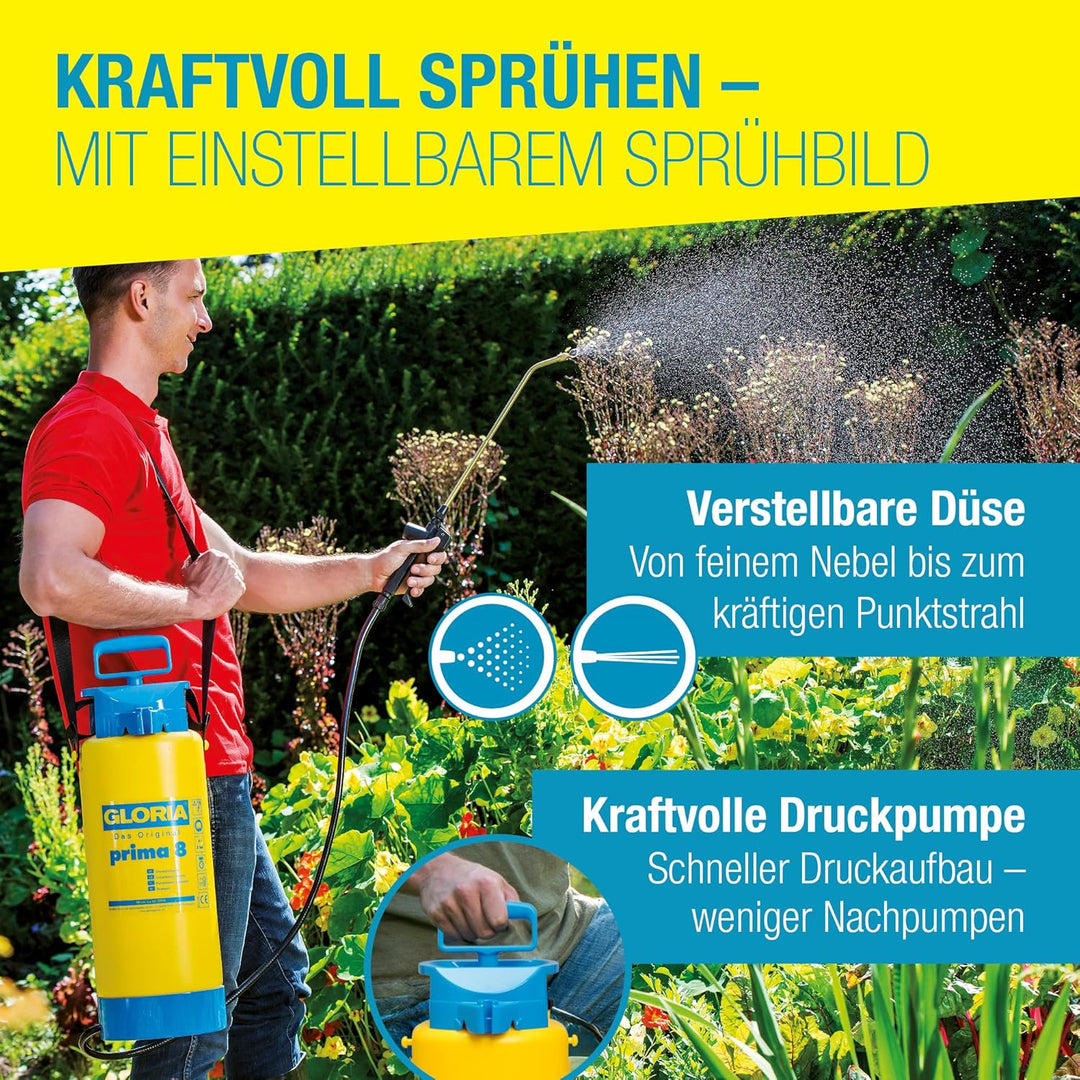 GLORIA Drucksprüher prima 8 | 8 L Gartenspritze, Unkrautspritze|Mit Messinglanze + verstellbare Mess
