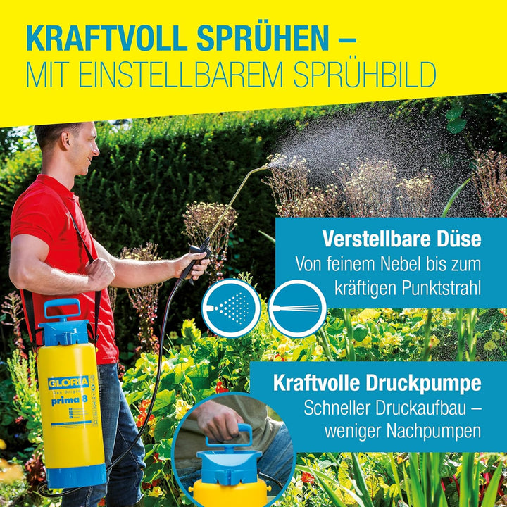 GLORIA Drucksprüher prima 8 | 8 L Gartenspritze, Unkrautspritze|Mit Messinglanze + verstellbare Mess
