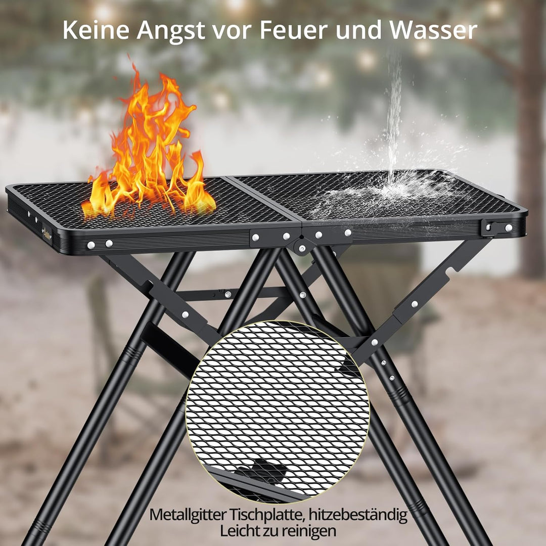Anbte Campingtisch Grilltisch 60x40cm Metallgitter Tischplatte X-Rahmen Design mit 2 Verstellbare Hö