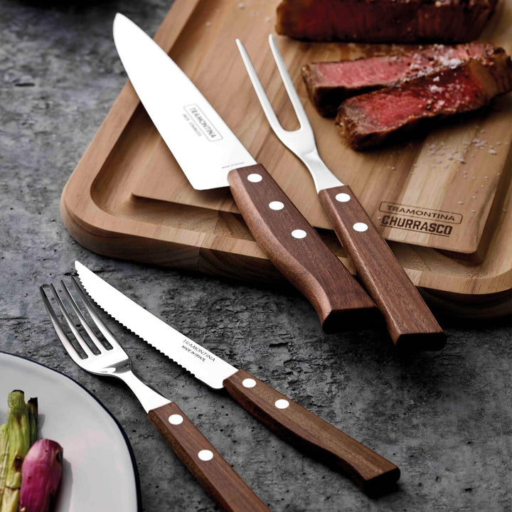 Tramontina 22299/011 Steakbesteck-Set, 14-teilig mit Naturholzgriffen 2- beziehungsweise, 3-Fach ver
