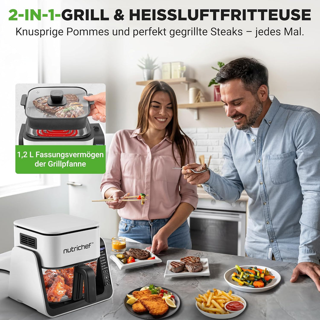 NutriChef 4L Airfryer & Elektrogrill – 7-in-1 Glas Heissluftfritteuse + 1.2L Grill Frittieren, Grill