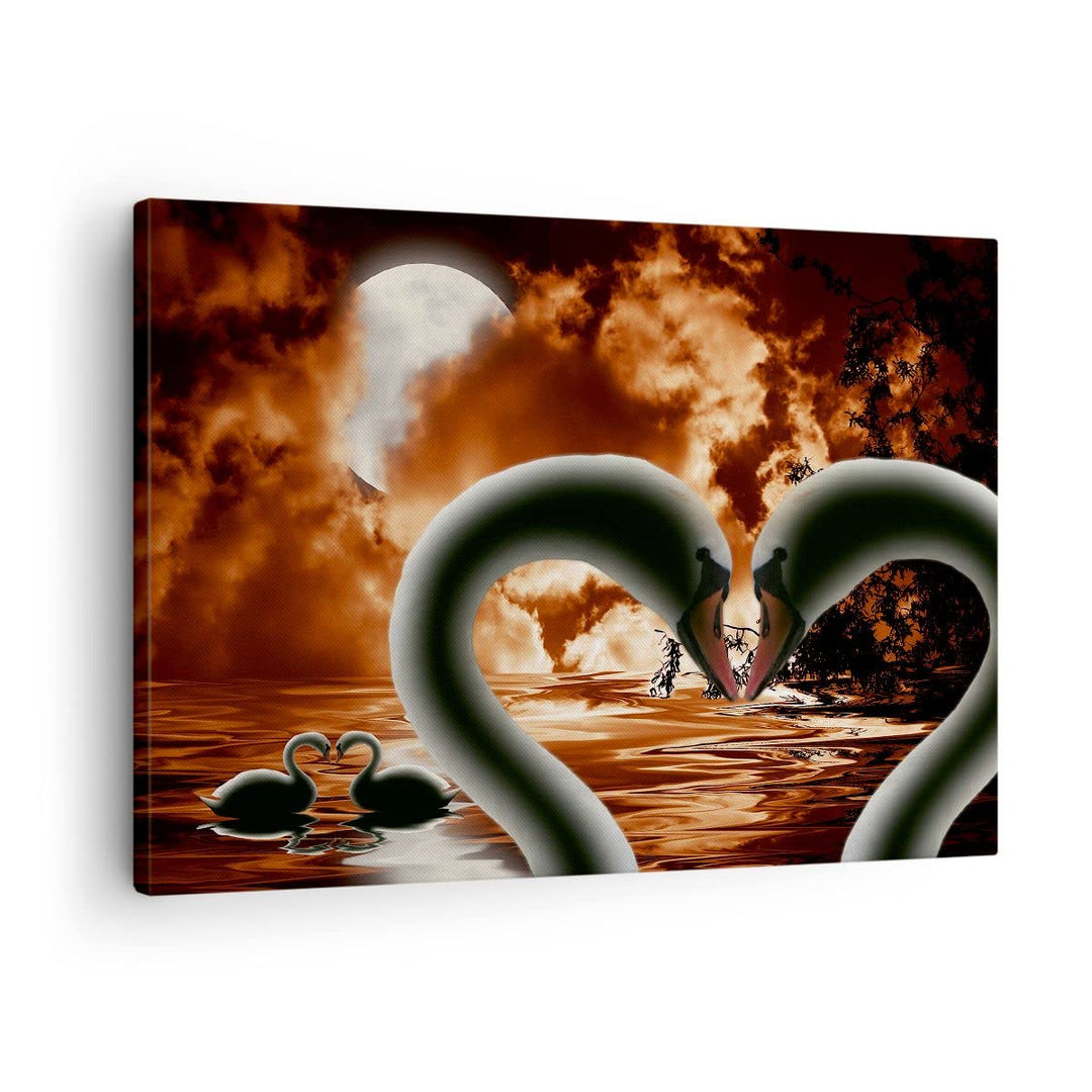 Bilder auf Leinwand Schwäne Nacht Liebe Leinwandbild mit Rahmen 70x50cm Wandbilder Dekoration Wohnzi