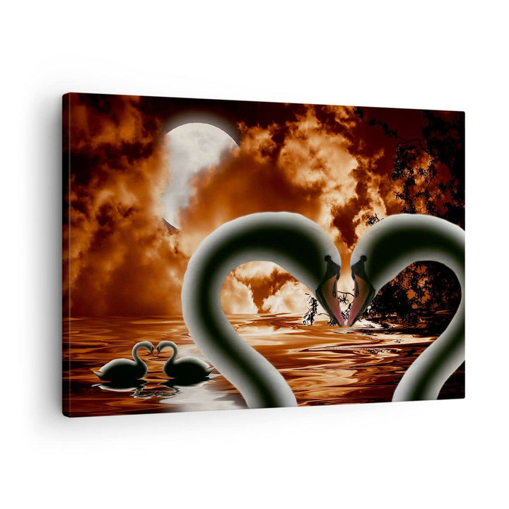 Bilder auf Leinwand Schwäne Nacht Liebe Leinwandbild mit Rahmen 70x50cm Wandbilder Dekoration Wohnzi
