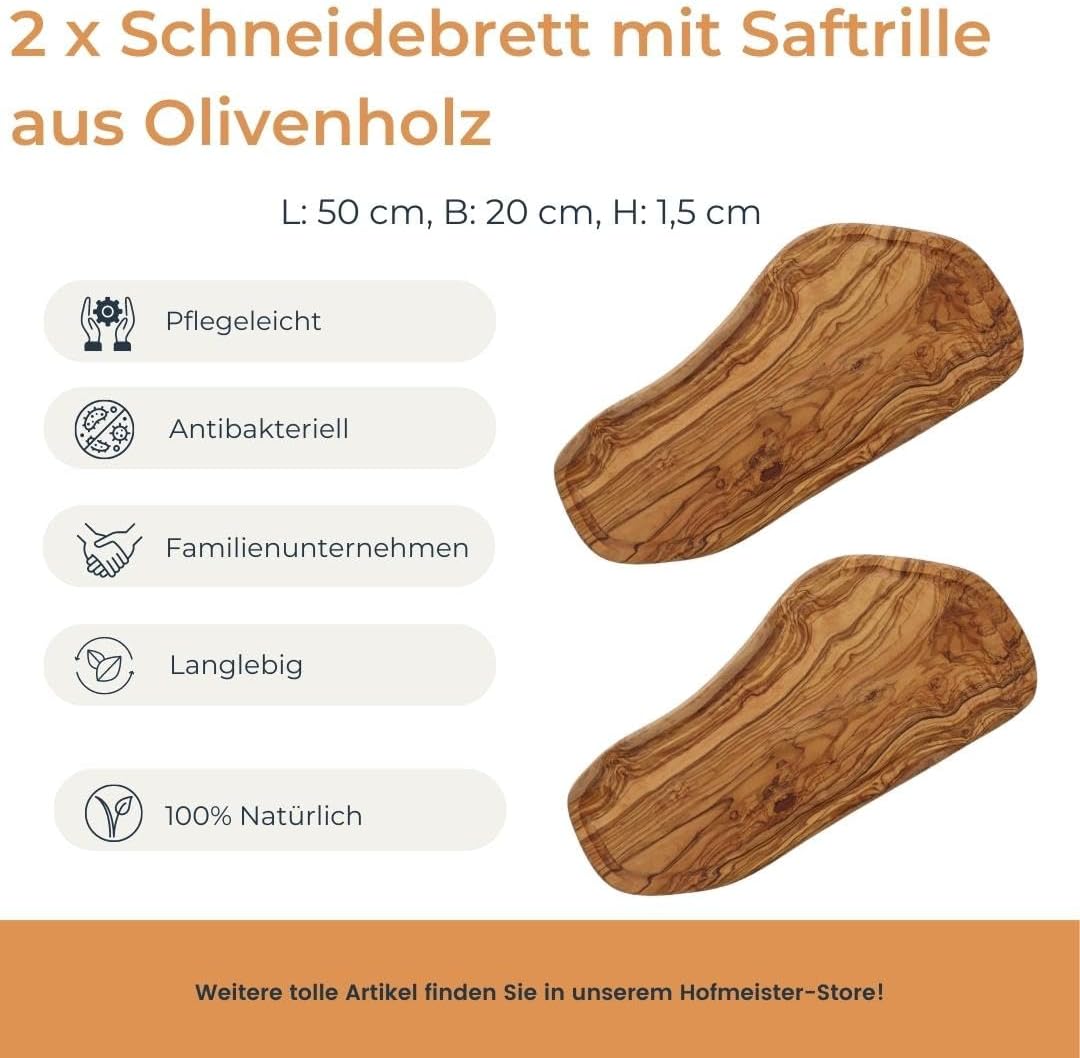 2x HOFMEISTER® Schneidebrett Saftrille Olivenholz - praktisches Set aus zwei Brettern aus Olive mit