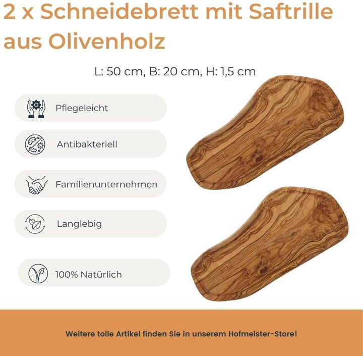 2x HOFMEISTER® Schneidebrett Saftrille Olivenholz - praktisches Set aus zwei Brettern aus Olive mit