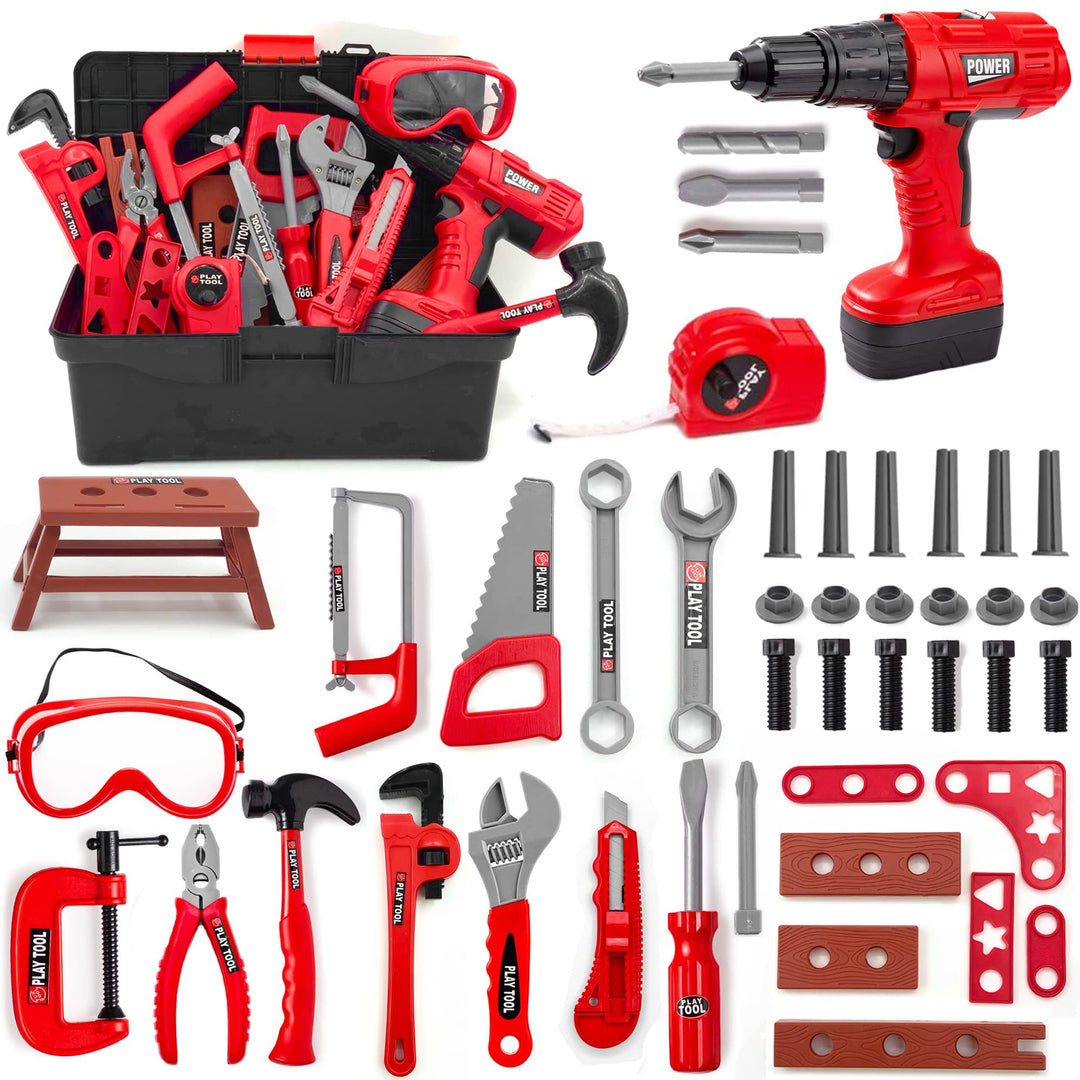 Hyrenee Tool Set for Kids 48 Pieces Work Tools Toy Kid Construction Tool Box with Drill Educational
