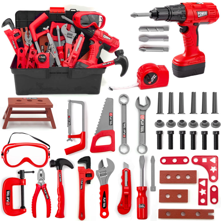Hyrenee Tool Set for Kids 48 Pieces Work Tools Toy Kid Construction Tool Box with Drill Educational