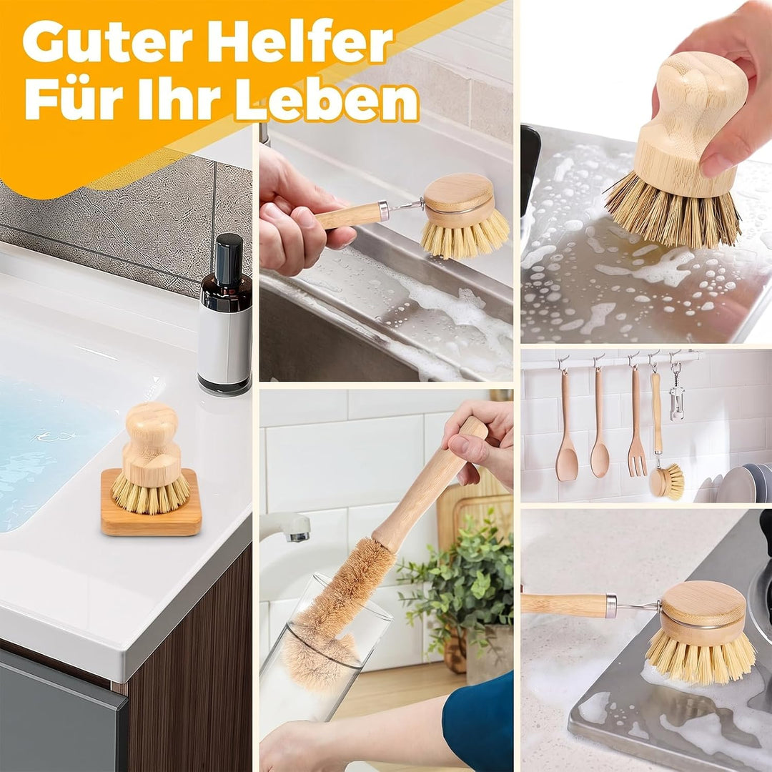 Bambus Spülbürste 5-teilig mit Flaschenbürste lang für Geschirr