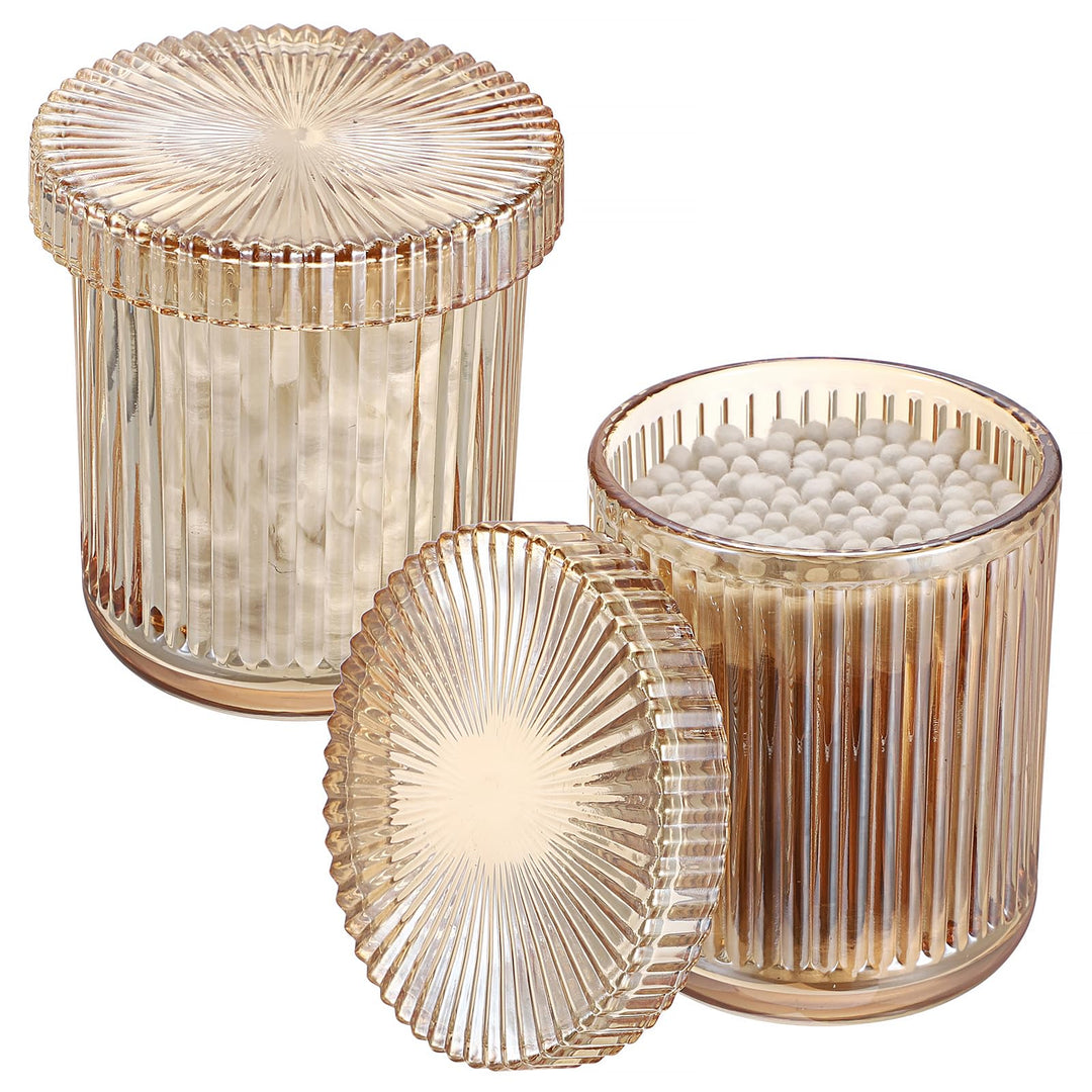 2 Stück Glas Wattepads Box Wattestäbchen Behälter Set Bernstein Wattepadspender Rund Kosmetik Organi