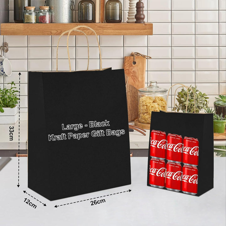 Gucass 50 Stück Gross Papiertüten mit Henkel, Schwarz Kraft Papiertaschen Geschenktüten, 26x12x33cm